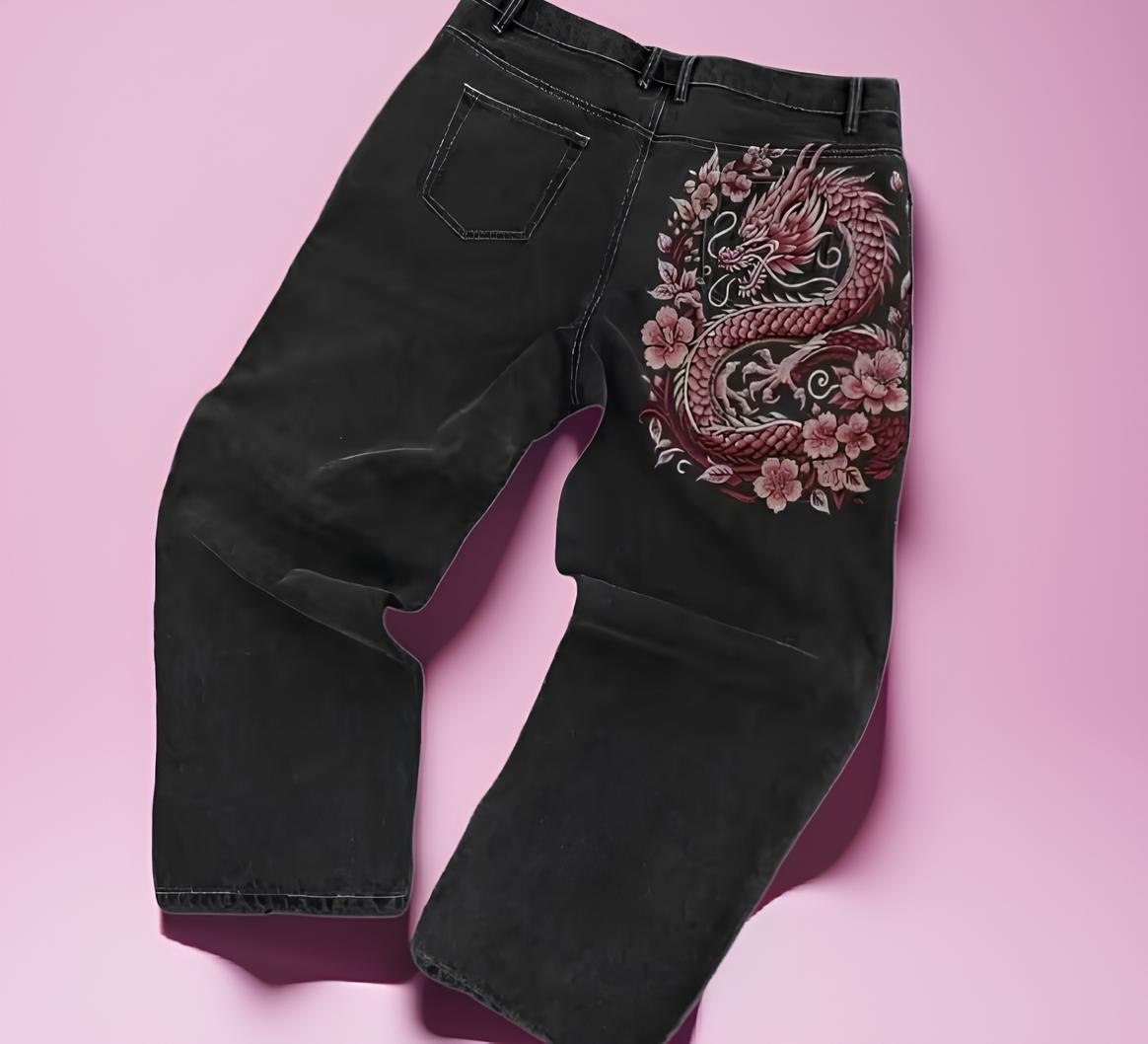 Dragon Embroidered Jeans – Streetwear Statement