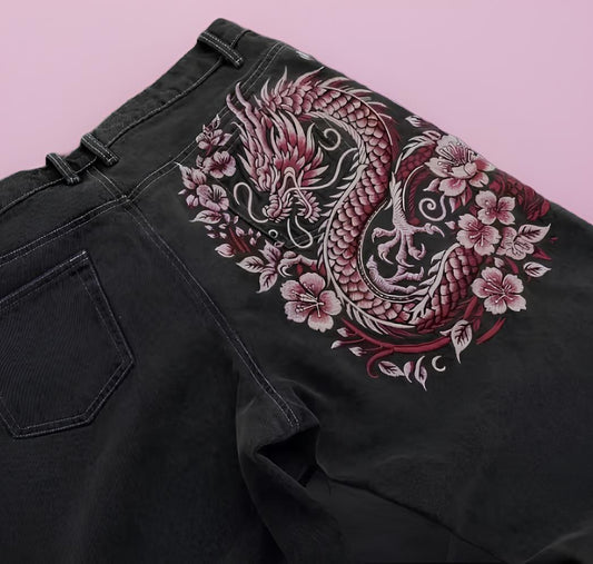 Dragon Embroidered Jeans – Streetwear Statement